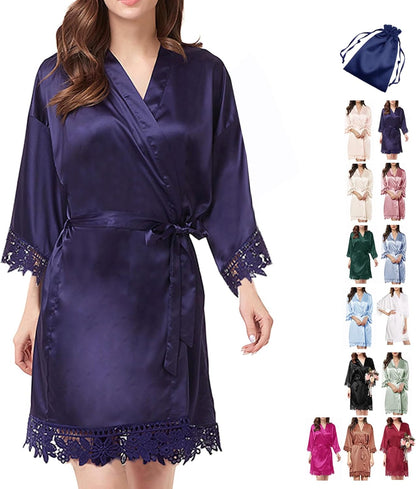 2Pcs Satin Robe Womens Silk Robes Lace Kimonos Bridal Silky Robes for Brides Bridesmaids Wedding Nightgown Bathrobe Sleepwear