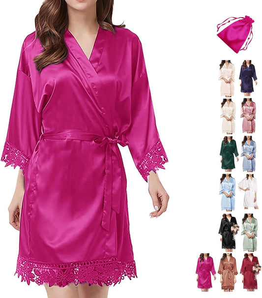 2Pcs Satin Robe Womens Silk Robes Lace Kimonos Bridal Silky Robes for Brides Bridesmaids Wedding Nightgown Bathrobe Sleepwear