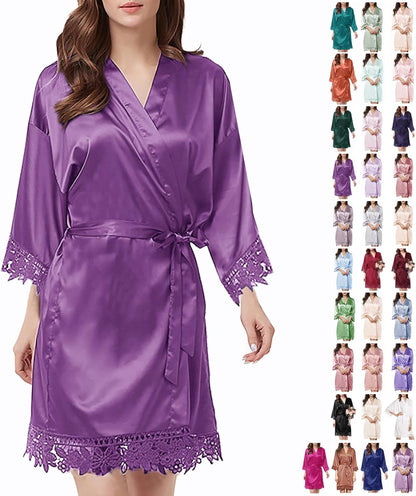 Womens Silk Robe Satin Robe Silky Kimono Lace Bathrobe Sleepwear Wedding For Bridal Bride Bridesmaid Robes