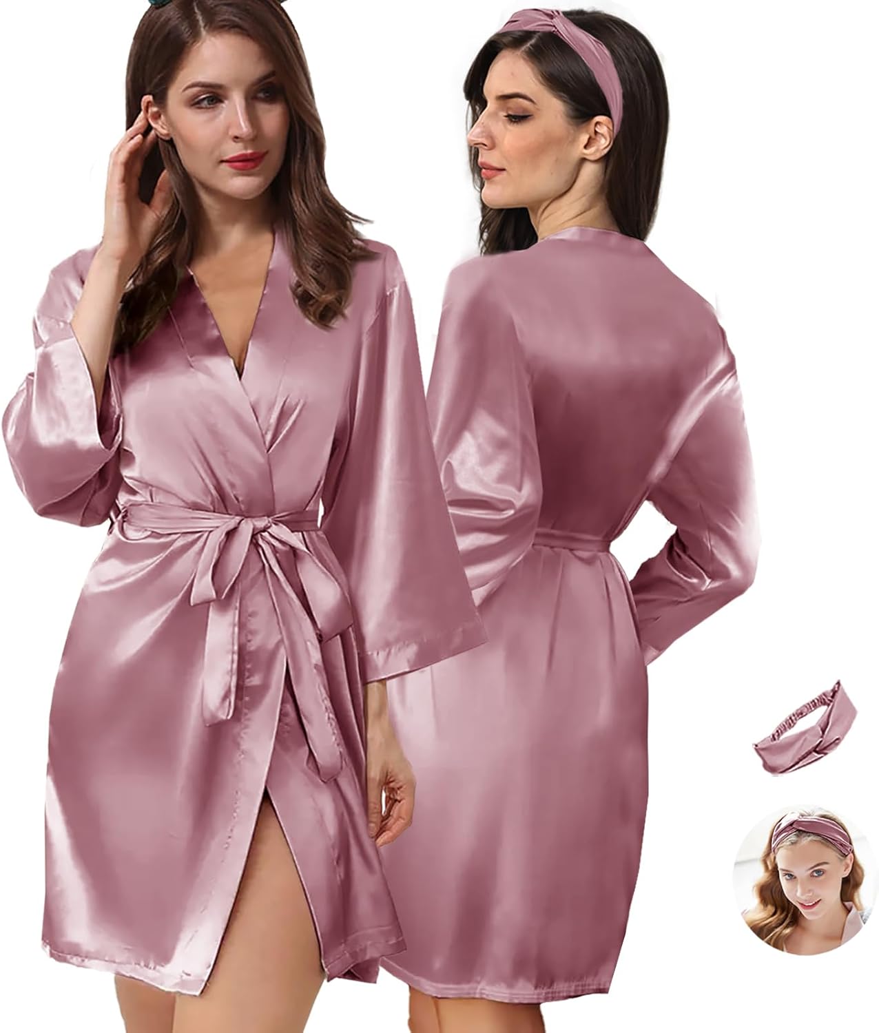 2Pcs Womens Floral Kimono Robe Silk Robes Bride Bridesmaid Satin Robes Bridal Dressing Gown Silky Bathrobe