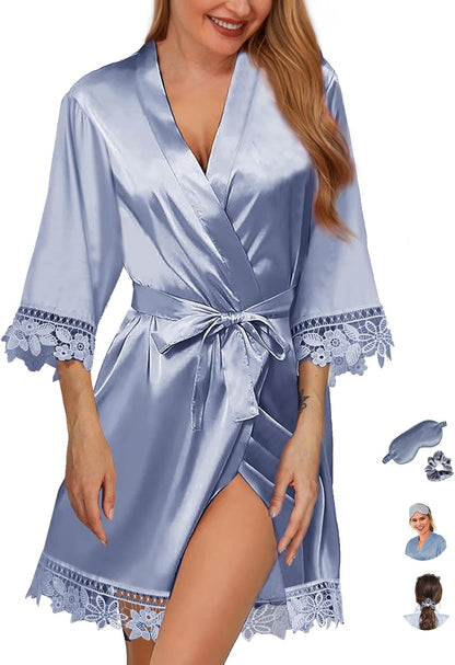 3Pcs Womens Satin Robes for Bride Bridesmaid Silk Bathrobes Silky Kimono Robe for Wedding Party Loungewear Lace Sleepwear