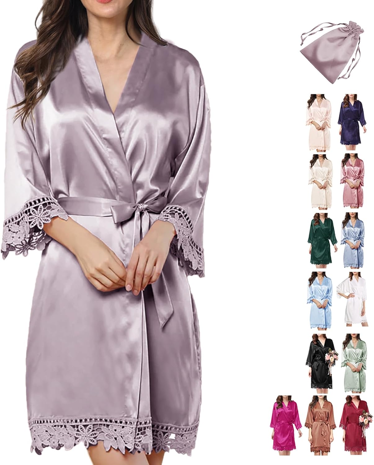 2Pcs Satin Robe Womens Silk Robes Lace Kimonos Bridal Silky Robes for Brides Bridesmaids Wedding Nightgown Bathrobe Sleepwear