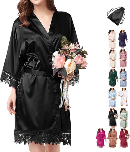 2Pcs Satin Robe Womens Silk Robes Lace Kimonos Bridal Silky Robes for Brides Bridesmaids Wedding Nightgown Bathrobe Sleepwear