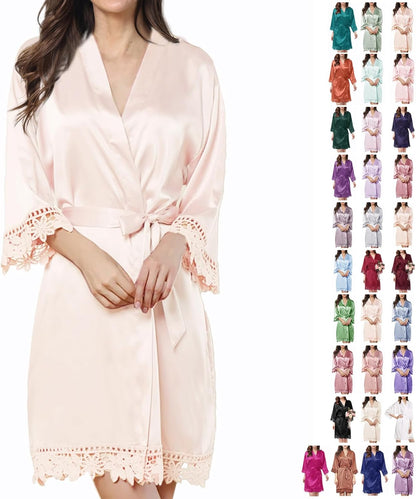 Womens Silk Robe Satin Robe Silky Kimono Lace Bathrobe Sleepwear Wedding For Bridal Bride Bridesmaid Robes