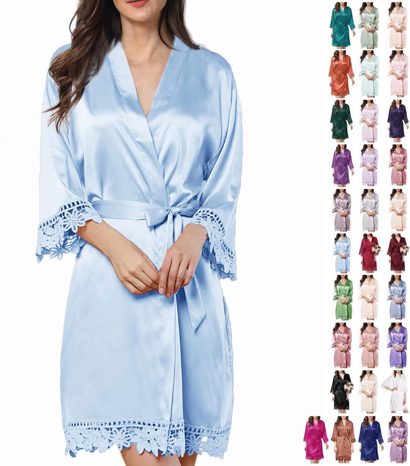 Womens Silk Robe Satin Robe Silky Kimono Lace Bathrobe Sleepwear Wedding For Bridal Bride Bridesmaid Robes