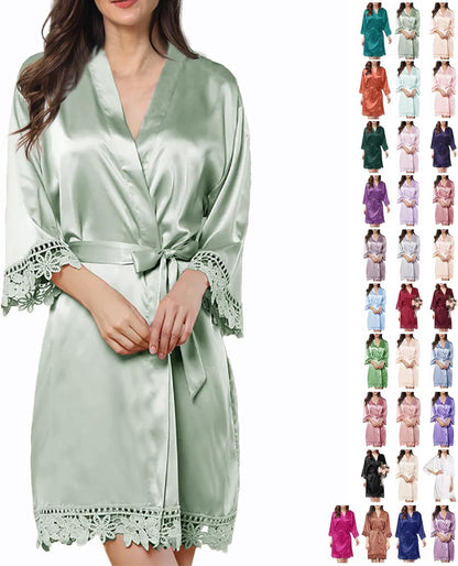 Womens Silk Robe Satin Robe Silky Kimono Lace Bathrobe Sleepwear Wedding For Bridal Bride Bridesmaid Robes