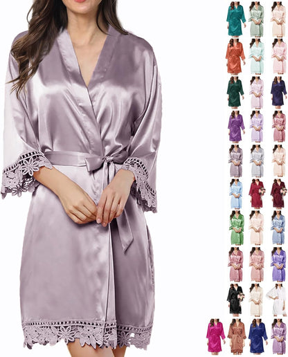 Womens Silk Robe Satin Robe Silky Kimono Lace Bathrobe Sleepwear Wedding For Bridal Bride Bridesmaid Robes