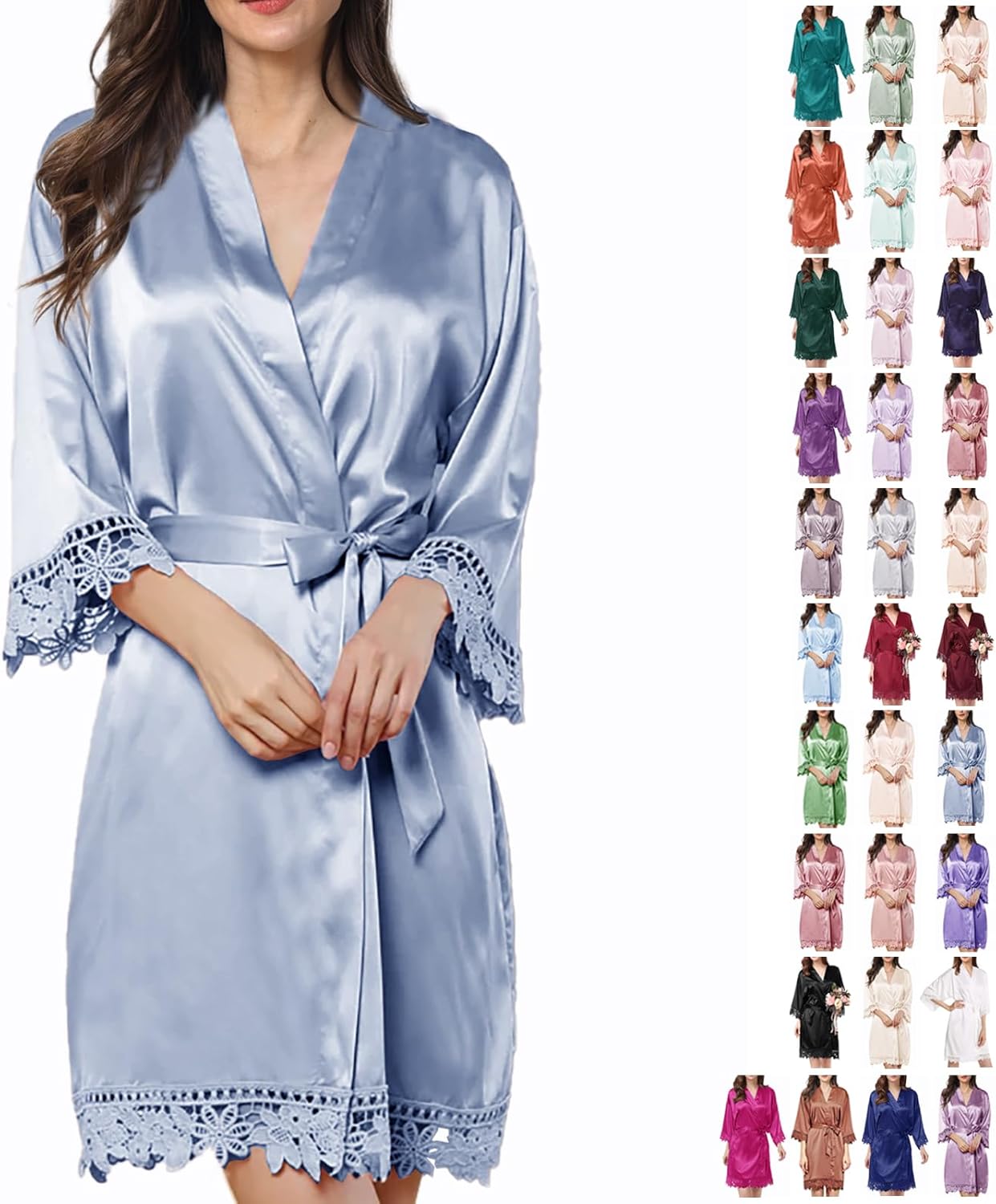 Womens Silk Robe Satin Robe Silky Kimono Lace Bathrobe Sleepwear Wedding For Bridal Bride Bridesmaid Robes