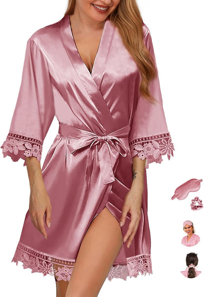 3Pcs Womens Satin Robes for Bride Bridesmaid Silk Bathrobes Silky Kimono Robe for Wedding Party Loungewear Lace Sleepwear