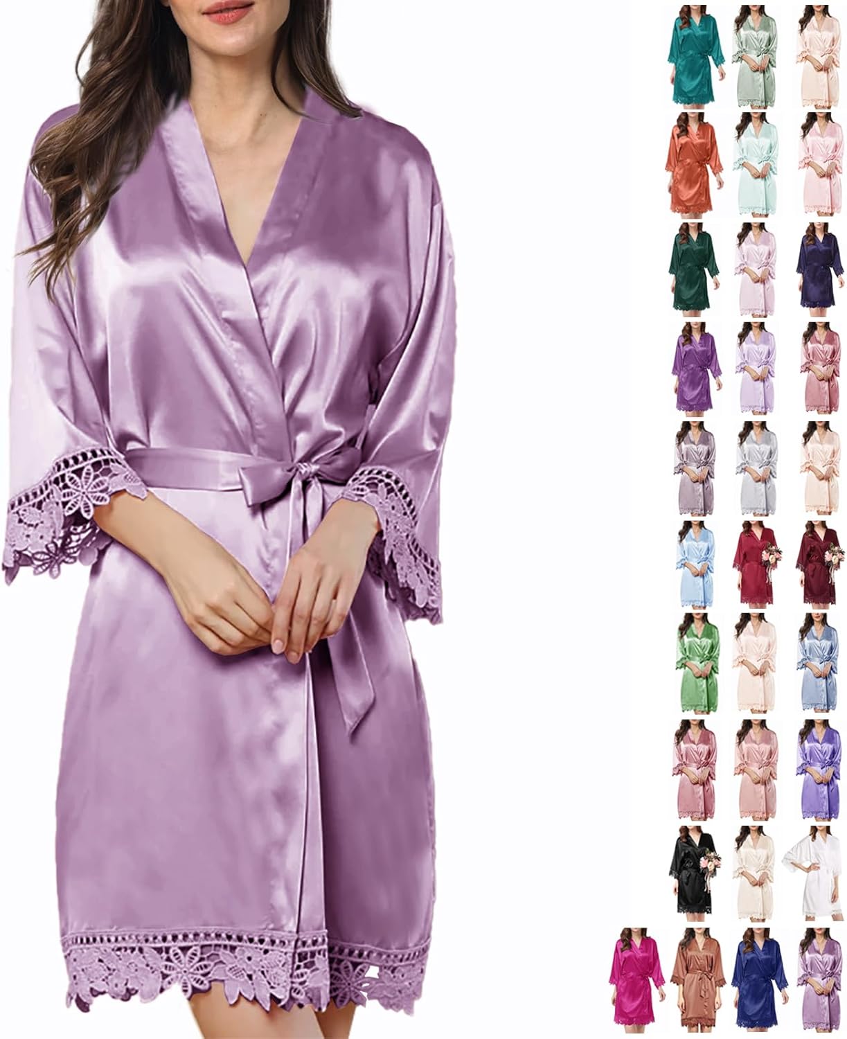 Womens Silk Robe Satin Robe Silky Kimono Lace Bathrobe Sleepwear Wedding For Bridal Bride Bridesmaid Robes