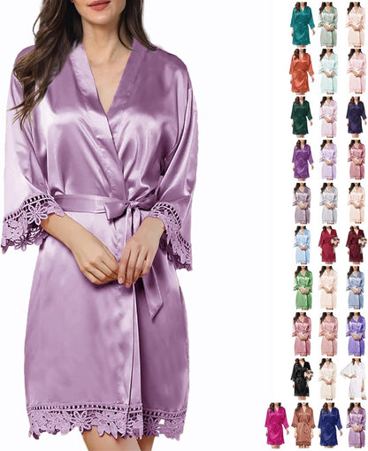 Womens Silk Robe Satin Robe Silky Kimono Lace Bathrobe Sleepwear Wedding For Bridal Bride Bridesmaid Robes