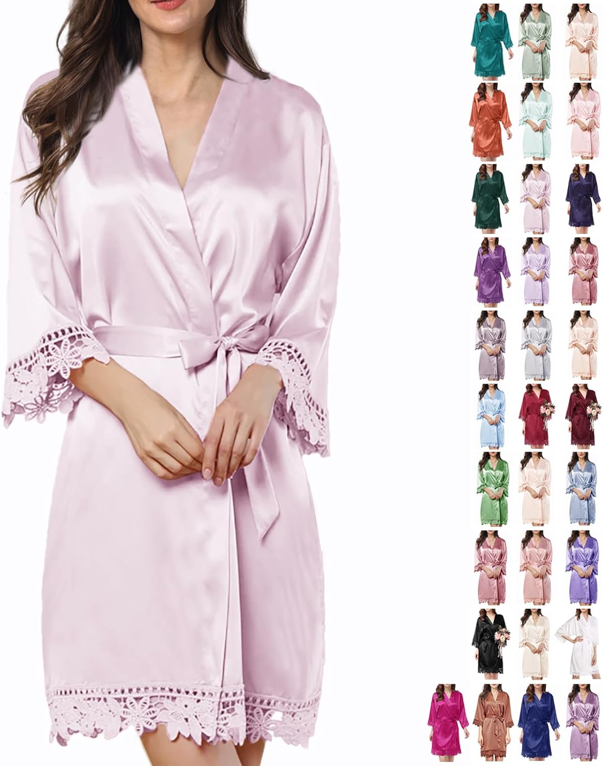 Womens Silk Robe Satin Robe Silky Kimono Lace Bathrobe Sleepwear Wedding For Bridal Bride Bridesmaid Robes