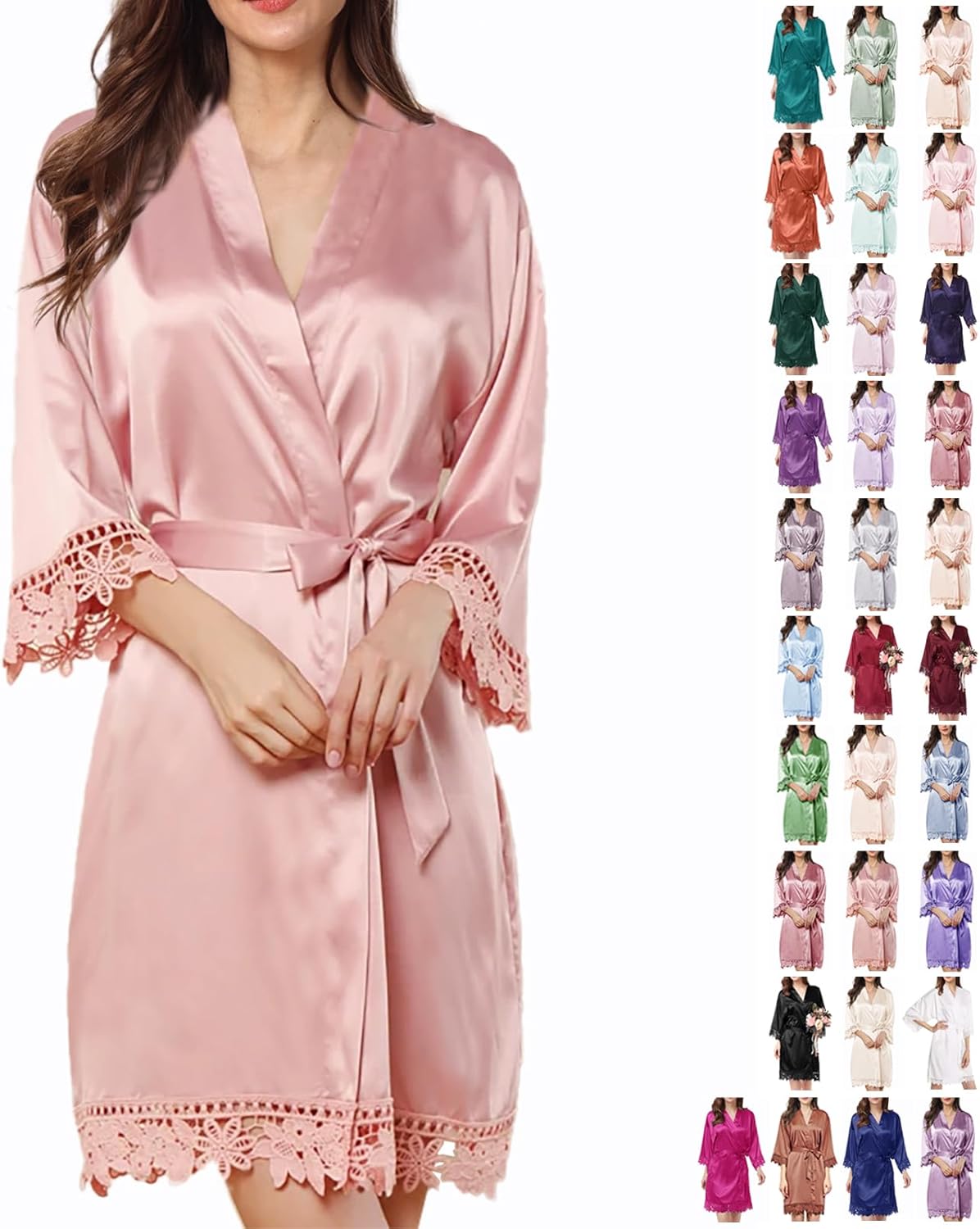 Womens Silk Robe Satin Robe Silky Kimono Lace Bathrobe Sleepwear Wedding For Bridal Bride Bridesmaid Robes