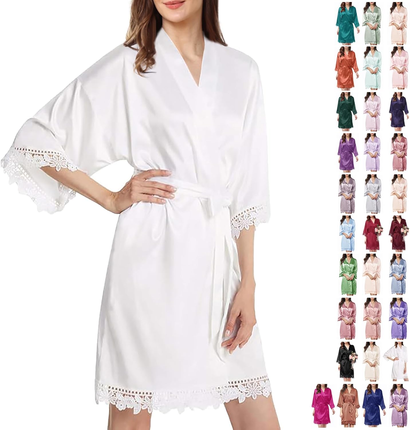 Womens Silk Robe Satin Robe Silky Kimono Lace Bathrobe Sleepwear Wedding For Bridal Bride Bridesmaid Robes