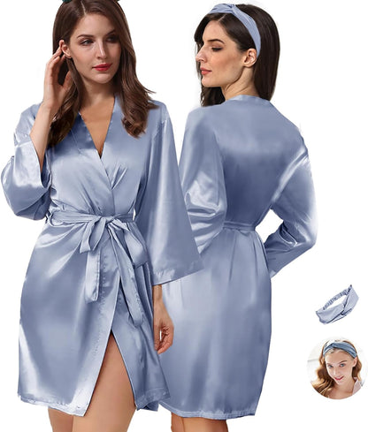 2Pcs Womens Floral Kimono Robe Silk Robes Bride Bridesmaid Satin Robes Bridal Dressing Gown Silky Bathrobe