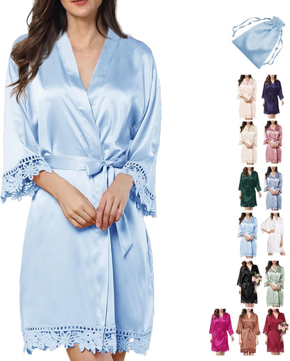 2Pcs Satin Robe Womens Silk Robes Lace Kimonos Bridal Silky Robes for Brides Bridesmaids Wedding Nightgown Bathrobe Sleepwear