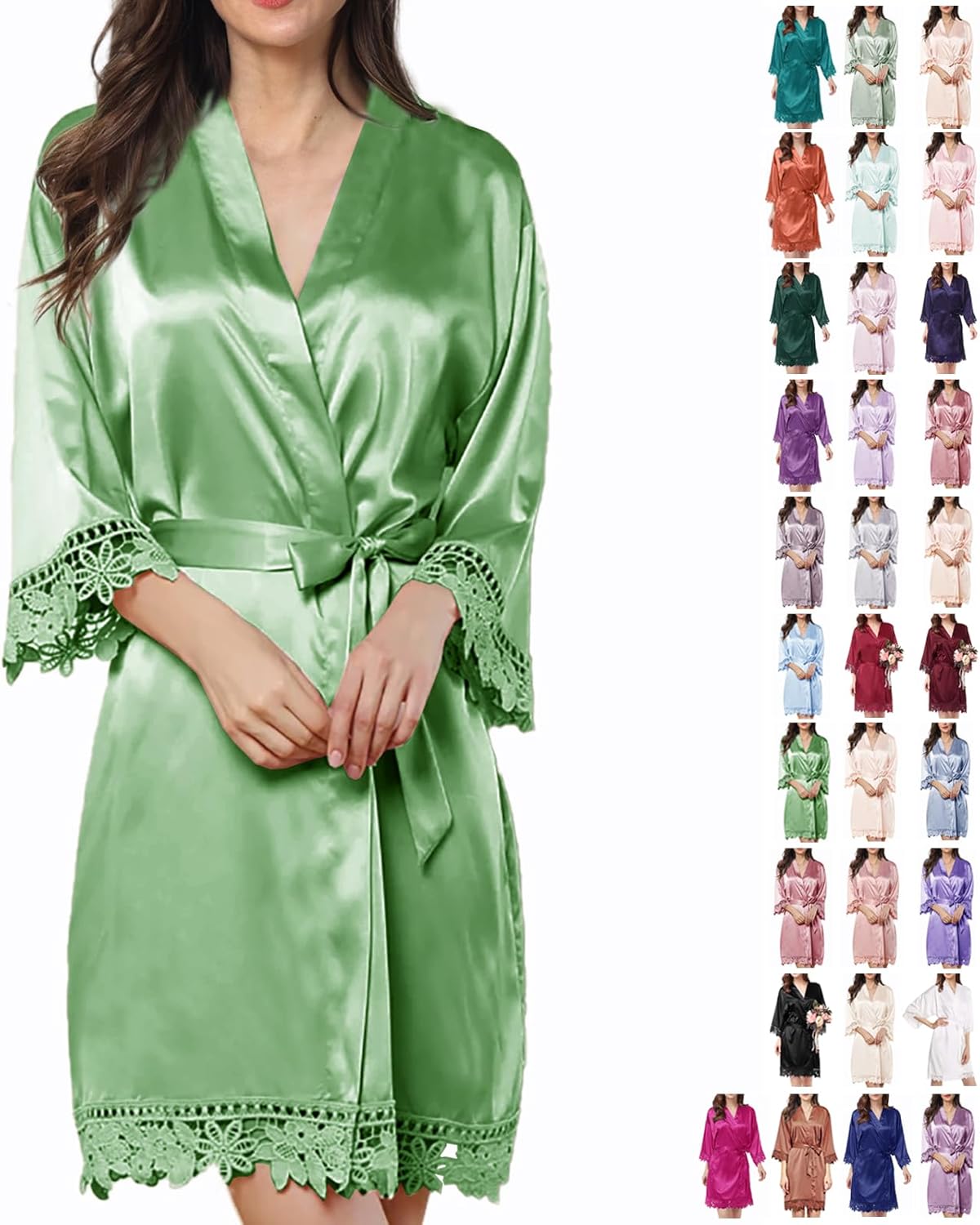 Womens Silk Robe Satin Robe Silky Kimono Lace Bathrobe Sleepwear Wedding For Bridal Bride Bridesmaid Robes