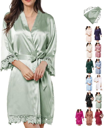 2Pcs Satin Robe Womens Silk Robes Lace Kimonos Bridal Silky Robes for Brides Bridesmaids Wedding Nightgown Bathrobe Sleepwear