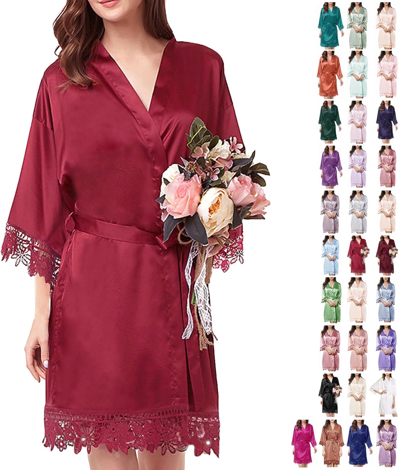 Womens Silk Robe Satin Robe Silky Kimono Lace Bathrobe Sleepwear Wedding For Bridal Bride Bridesmaid Robes