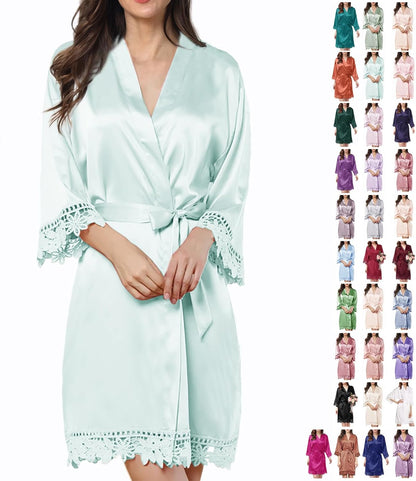 Womens Silk Robe Satin Robe Silky Kimono Lace Bathrobe Sleepwear Wedding For Bridal Bride Bridesmaid Robes