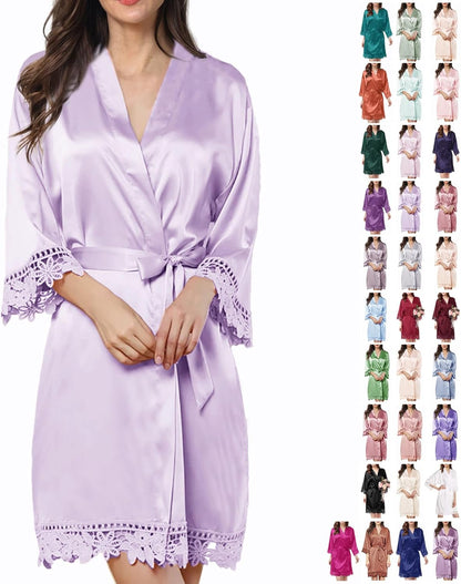 Womens Silk Robe Satin Robe Silky Kimono Lace Bathrobe Sleepwear Wedding For Bridal Bride Bridesmaid Robes