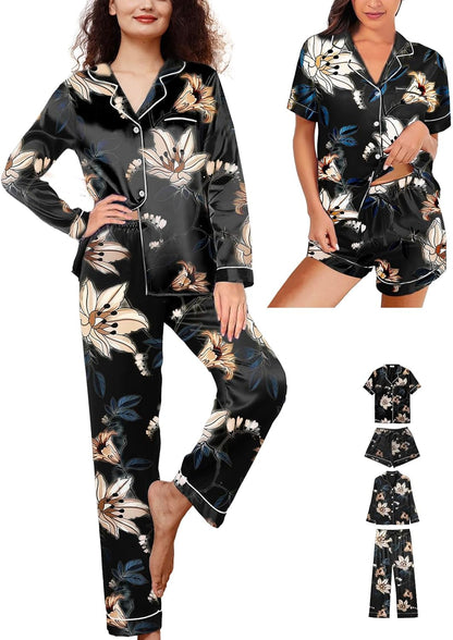 4Pcs Womens Silk Satin Pajama Sets Floral Pajamas Silky Pj Sets XS-2XL Button Down Pjs Set Loungewear Sleepwear