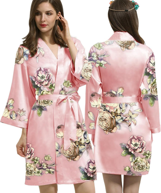 Womens Satin Kimono Robe Silk Robes Floral Bathrobe Bride Bridesmaid Wedding Silky Bridal Dressing Gown Loungewear