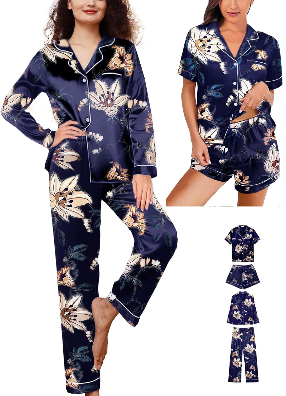 4Pcs Womens Silk Satin Pajama Sets Floral Pajamas Silky Pj Sets XS-2XL Button Down Pjs Set Loungewear Sleepwear