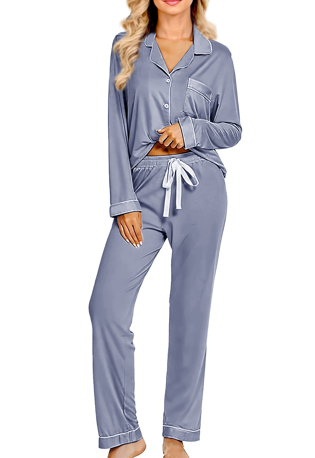 Womens Soft Pajamas Set XS-XXL Button Down Sleepwear Short Sleeves Pajama sets with Long Pants Pj Set Nightwear