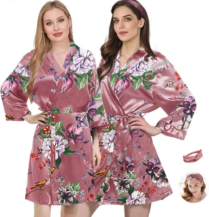 2Pcs Womens Floral Kimono Robe Silk Robes Bride Bridesmaid Satin Robes Bridal Dressing Gown Silky Bathrobe