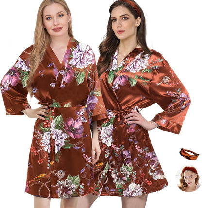 2Pcs Womens Floral Kimono Robe Silk Robes Bride Bridesmaid Satin Robes Bridal Dressing Gown Silky Bathrobe