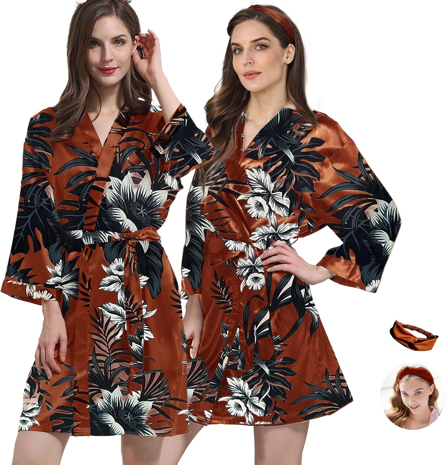 2Pcs Womens Floral Kimono Robe Silk Robes Bride Bridesmaid Satin Robes Bridal Dressing Gown Silky Bathrobe