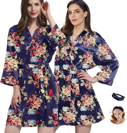 2Pcs Womens Floral Kimono Robe Silk Robes Bride Bridesmaid Satin Robes Bridal Dressing Gown Silky Bathrobe