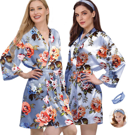 2Pcs Womens Floral Kimono Robe Silk Robes Bride Bridesmaid Satin Robes Bridal Dressing Gown Silky Bathrobe