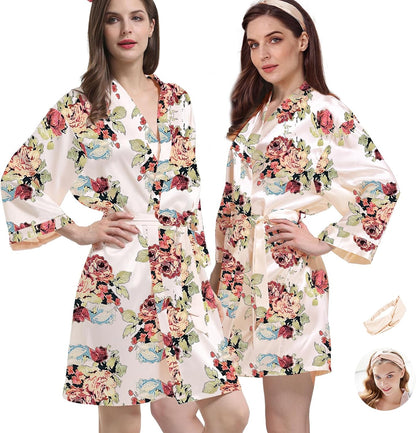 2Pcs Womens Floral Kimono Robe Silk Robes Bride Bridesmaid Satin Robes Bridal Dressing Gown Silky Bathrobe