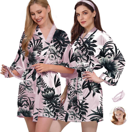 2Pcs Womens Floral Kimono Robe Silk Robes Bride Bridesmaid Satin Robes Bridal Dressing Gown Silky Bathrobe