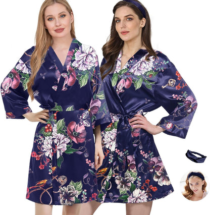 2Pcs Womens Floral Kimono Robe Silk Robes Bride Bridesmaid Satin Robes Bridal Dressing Gown Silky Bathrobe