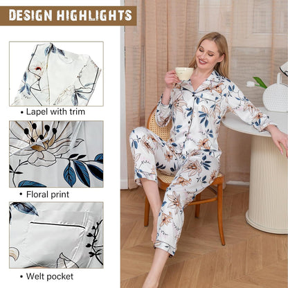 4Pcs Womens Silk Satin Pajama Sets Floral Pajamas Silky Pj Sets XS-2XL Button Down Pjs Set Loungewear Sleepwear