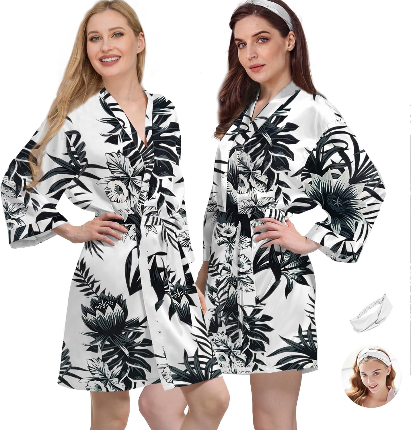 2Pcs Womens Floral Kimono Robe Silk Robes Bride Bridesmaid Satin Robes Bridal Dressing Gown Silky Bathrobe