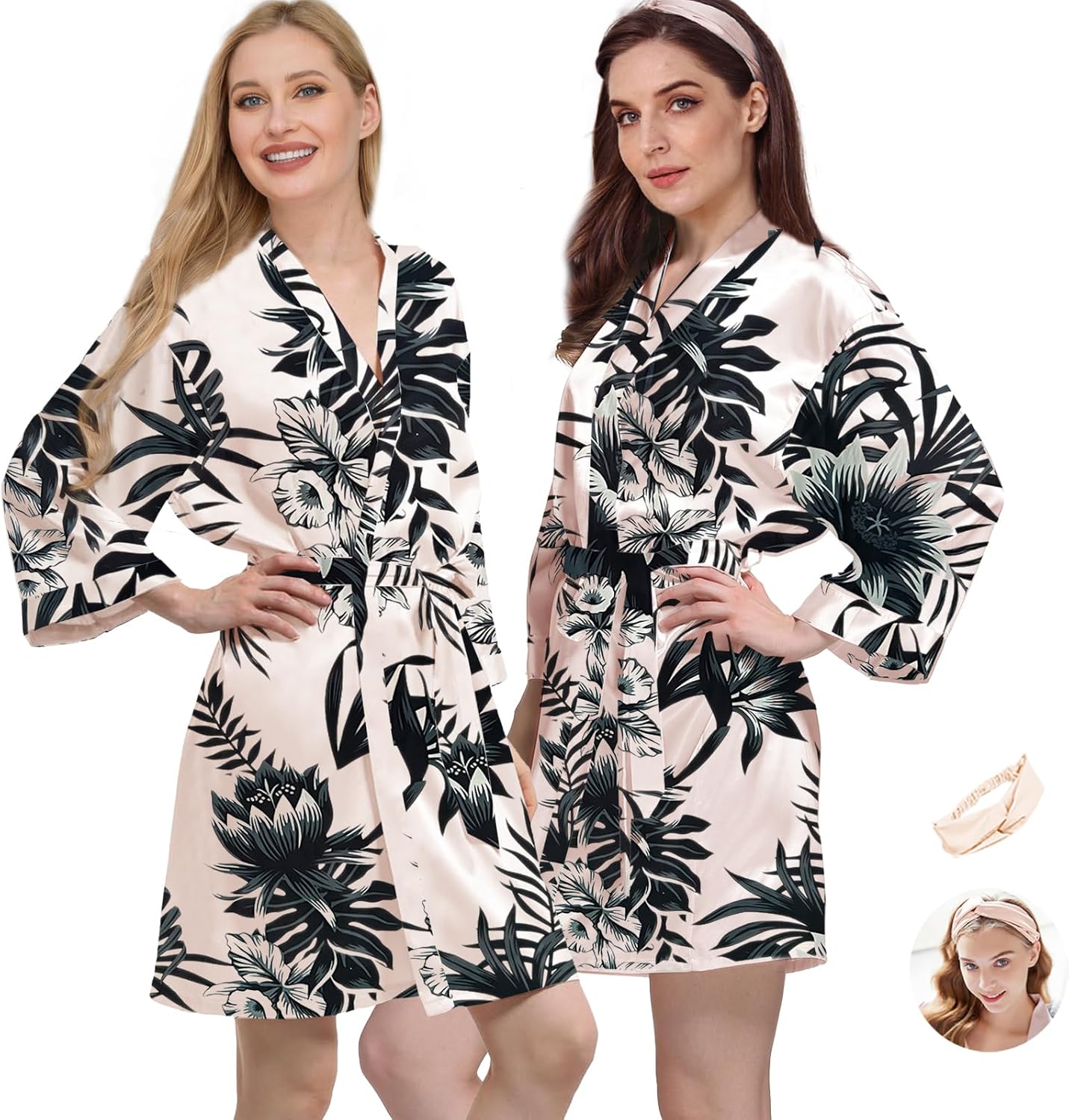 2Pcs Womens Floral Kimono Robe Silk Robes Bride Bridesmaid Satin Robes Bridal Dressing Gown Silky Bathrobe