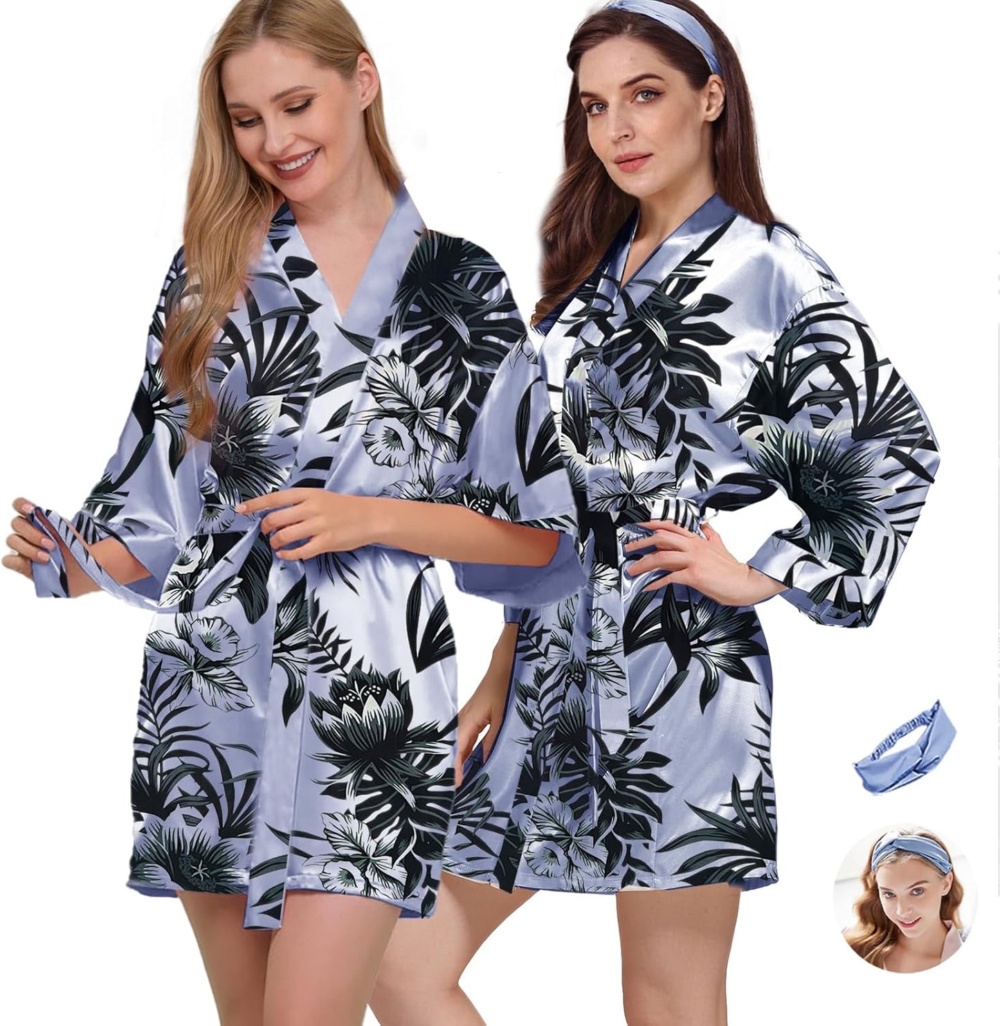 2Pcs Womens Floral Kimono Robe Silk Robes Bride Bridesmaid Satin Robes Bridal Dressing Gown Silky Bathrobe