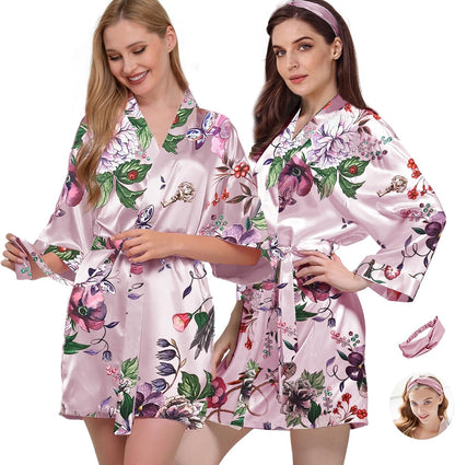 2Pcs Womens Floral Kimono Robe Silk Robes Bride Bridesmaid Satin Robes Bridal Dressing Gown Silky Bathrobe