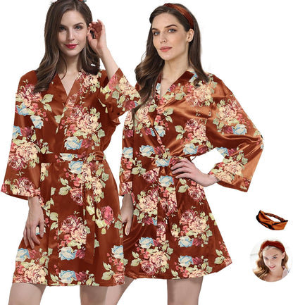 2Pcs Womens Floral Kimono Robe Silk Robes Bride Bridesmaid Satin Robes Bridal Dressing Gown Silky Bathrobe