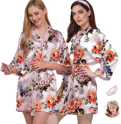 2Pcs Womens Floral Kimono Robe Silk Robes Bride Bridesmaid Satin Robes Bridal Dressing Gown Silky Bathrobe