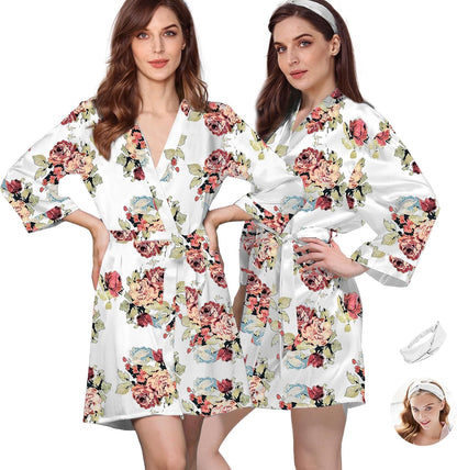 2Pcs Womens Floral Kimono Robe Silk Robes Bride Bridesmaid Satin Robes Bridal Dressing Gown Silky Bathrobe