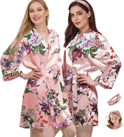 2Pcs Womens Floral Kimono Robe Silk Robes Bride Bridesmaid Satin Robes Bridal Dressing Gown Silky Bathrobe