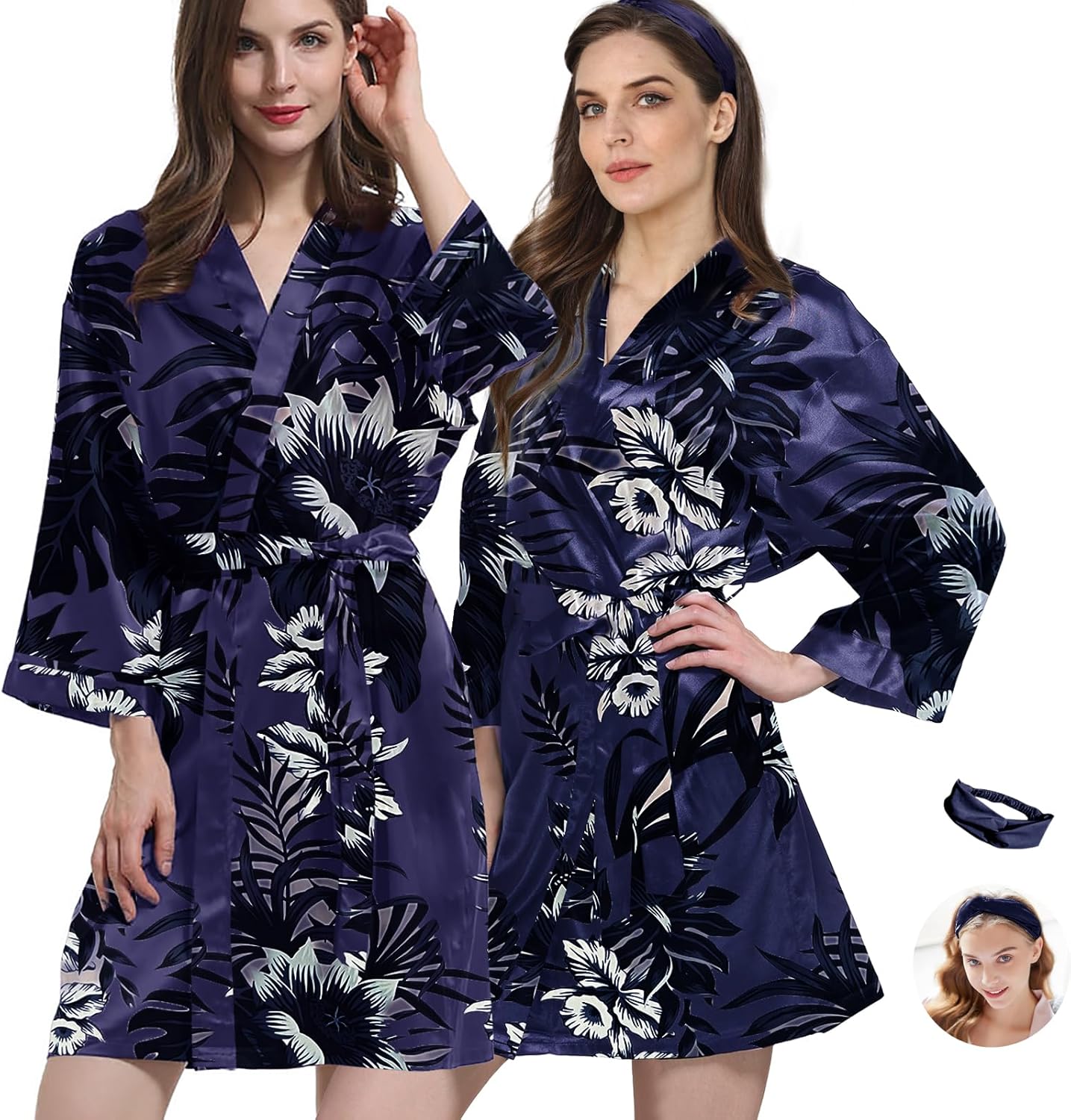 2Pcs Womens Floral Kimono Robe Silk Robes Bride Bridesmaid Satin Robes Bridal Dressing Gown Silky Bathrobe