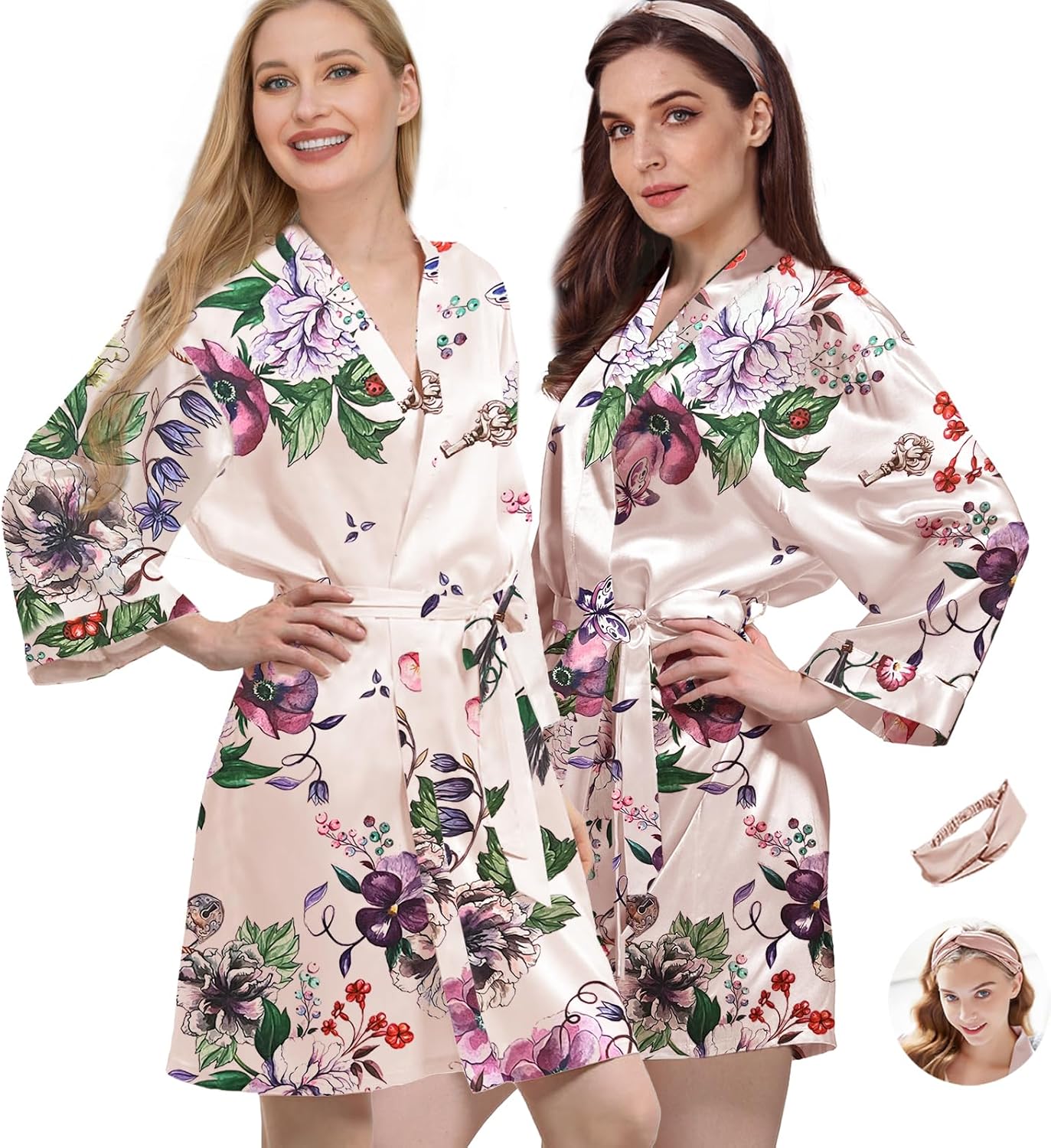 2Pcs Womens Floral Kimono Robe Silk Robes Bride Bridesmaid Satin Robes Bridal Dressing Gown Silky Bathrobe