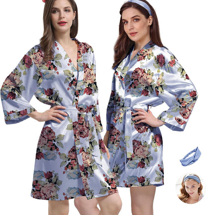 2Pcs Womens Floral Kimono Robe Silk Robes Bride Bridesmaid Satin Robes Bridal Dressing Gown Silky Bathrobe