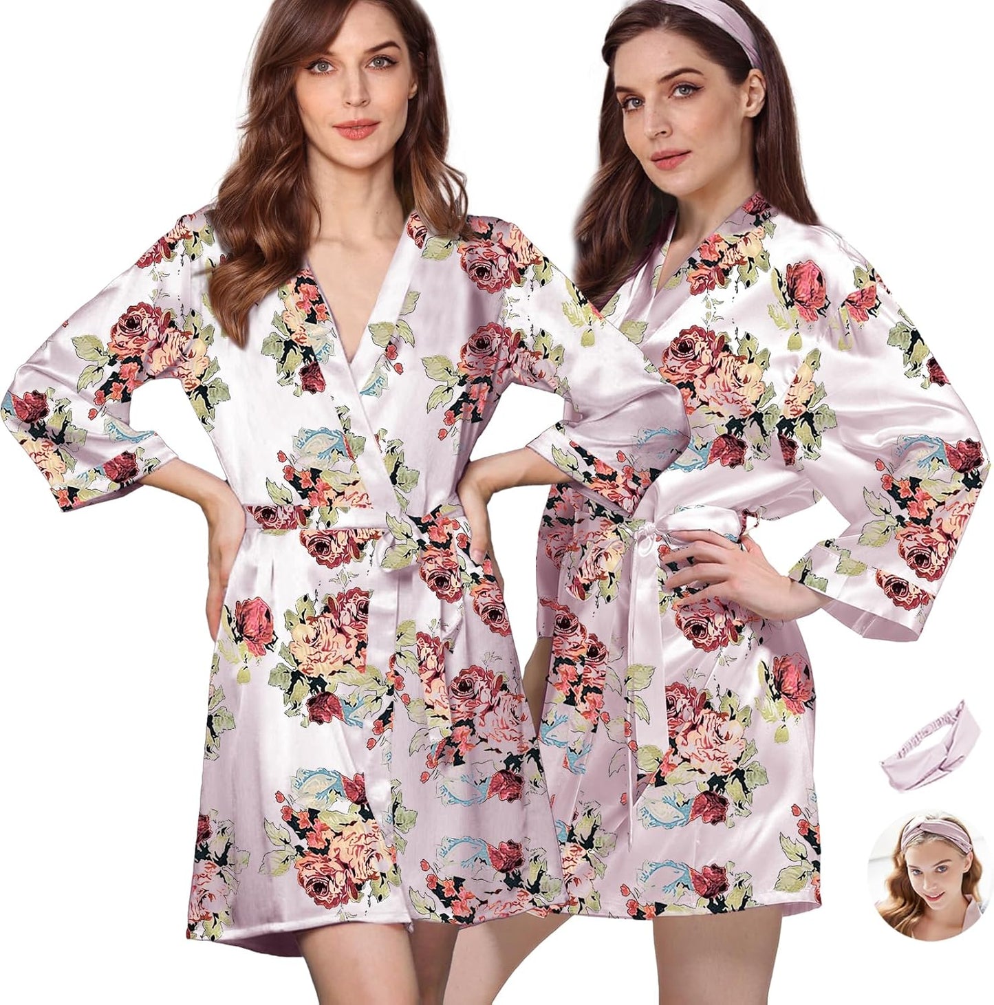 2Pcs Womens Floral Kimono Robe Silk Robes Bride Bridesmaid Satin Robes Bridal Dressing Gown Silky Bathrobe